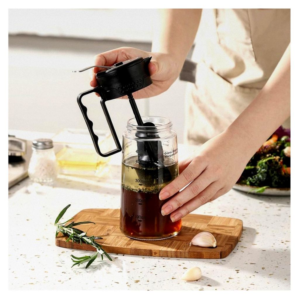 Salatdressing-Shaker aus Glas, 450 ml, mit Skala und Rezepten, Vinaigrette-Dressing-Flasche, Salatdressing-Mixer, tropffreier Aufbewahrungsbehälter