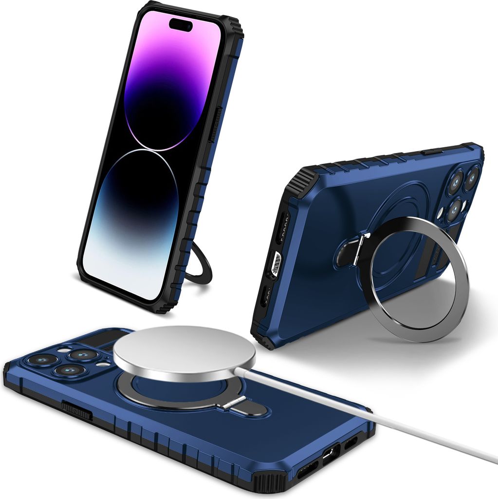 Für iPhone 14 Pro Hülle Magsafe Magnetisch Ring Ständer Schutzhülle, Dual Layer Handyhülle Blau