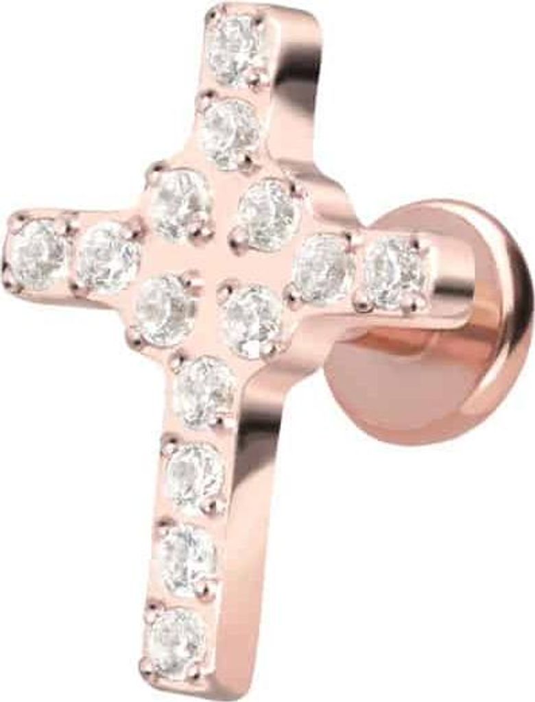 Ohrpiercing, Nasenpiercing Titan Labret mit Push Fit KRISTALLKREUZ RoséGold Stablänge: 5mm | Stabstärke: 1,2mm