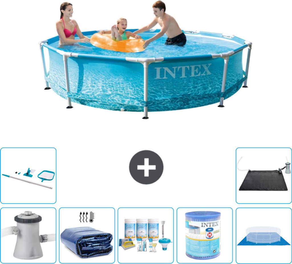 Intex Rundrahmen-Schwimmbecken – 305 x 76 cm – Wasserdruck – inklusive Pumpe Sonnensegel - Wartungspaket - Filter - Bodenplane - Reinigungski...