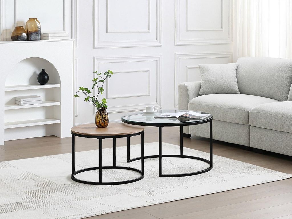 Ausziehbare Couchtische aus MDF, gehärtetem Glas und schwarzem Metall - Transparent und Natural - REMINA by Pascal Morabito