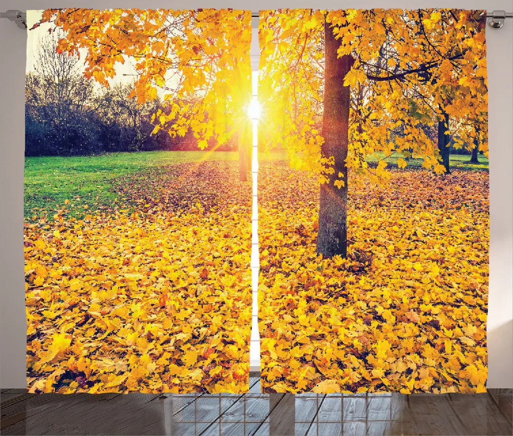 Rideaux Universels à Boucles Motif Forêt d'Automne 280x225 cm Vert Jaune