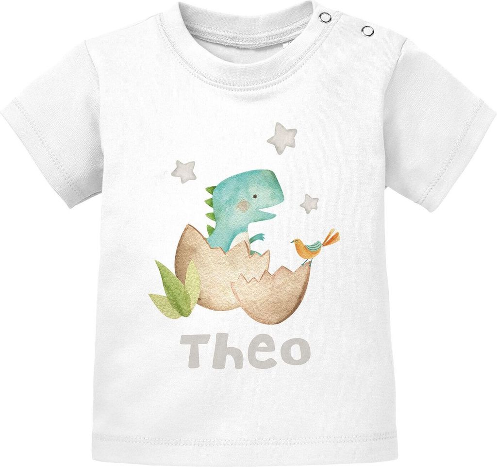 Baby T-Shirt mit Namen personalisiert und Baby-Dino Print Dinosaurier Junge Mädchen kurzarm Baumwolle SpecialMe T-Rex weiß 92/98 (16-24-Monate)