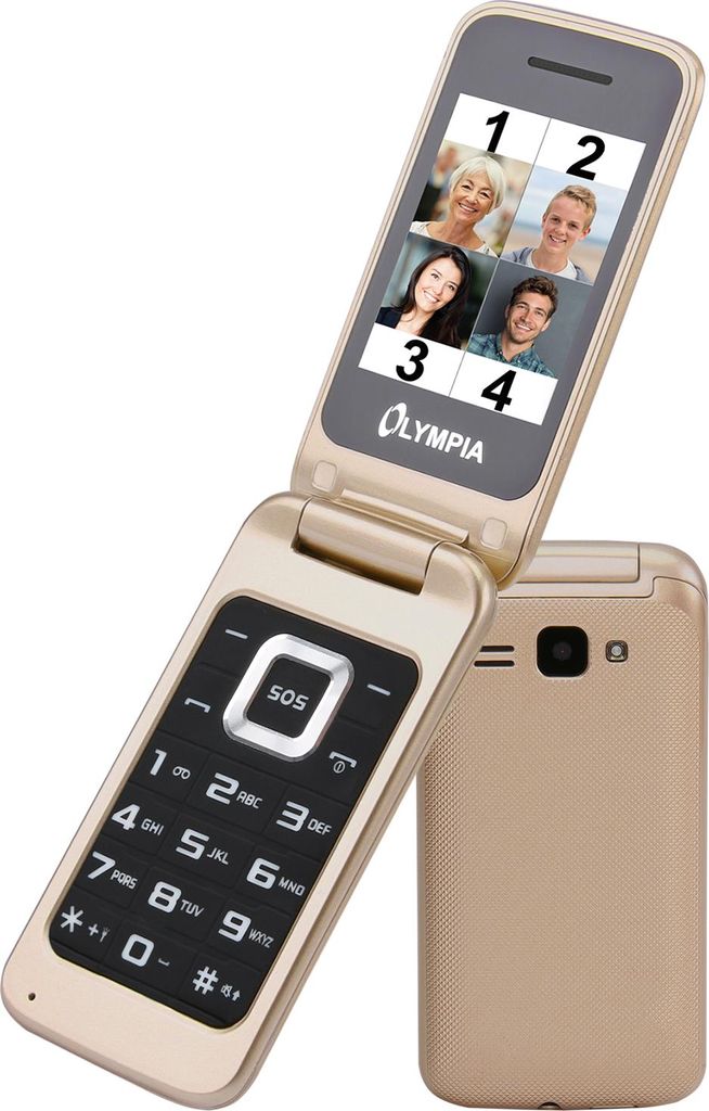 A gold flip phone is shown open and closed, with a white background.