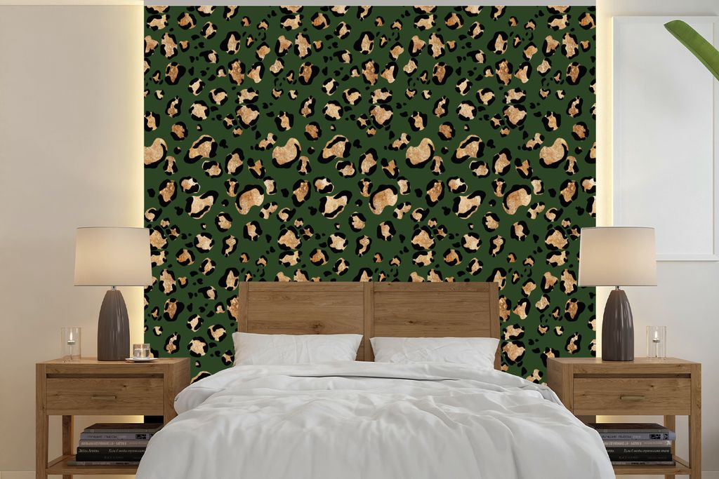 MuchoWow Fototapete für Wohnzimmer oder Schlafzimmer Wandtapete Vinyl Motivtapete Panther - Gold - Muster - Luxus - 240x240 cm - Schlafzimmer-Ta...