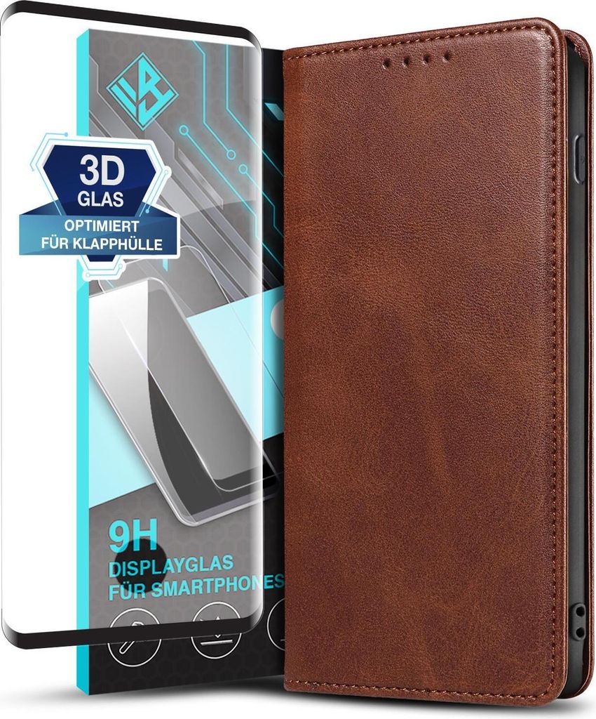 Handyhülle für Samsung Galaxy S10 mit 9H Displayglas Kunstleder Flip Cover Hülle Handytasche Case Kartenfach Farbe: Dunkelbraun