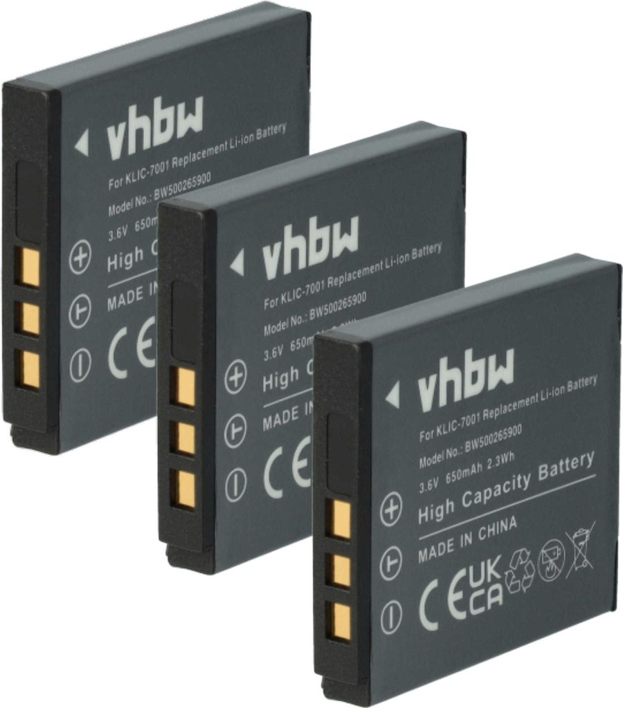 vhbw 3x Akku Ersatz für Medion VG0376122100001 für Kamera (650 mAh, 3,6 V, Li-Ion)