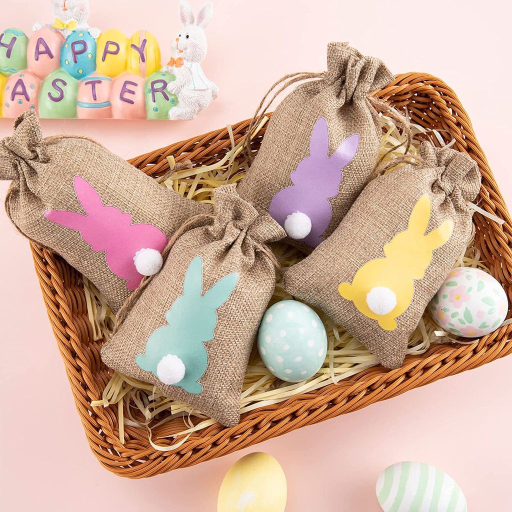 24pcs Ostern Candy Bags einzigartige Muster Großkapazität Wege Resistant nicht verblüffende Mini-Schwanz-Design-Leinen Ostern Kaninchen COOMS MO...