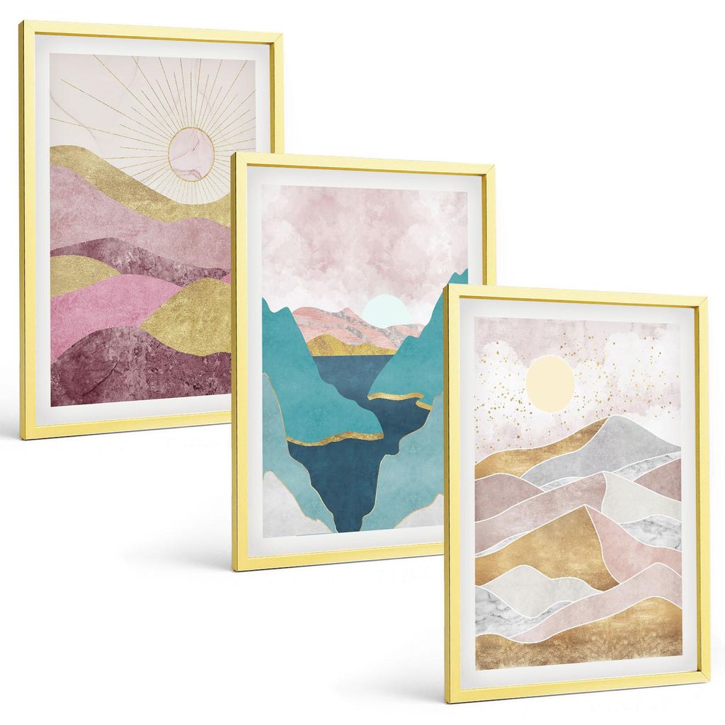 Bilder Set 3-teilig im Goldrahmen Rahmen – Wandbilder 3 Stück – gerahmte Poster für Wohnzimmer, Schlafzimmer und Flur – 40x60 cm – Abstra...