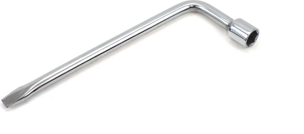 A chrome-plated L-shaped wrench with a flathead screwdriver tip on one end and a socket on the other.