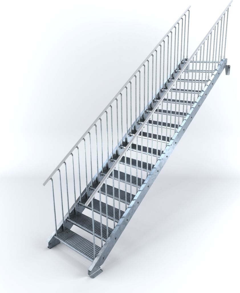 Stahltreppe 15 Stufen bis Höhe 300 cm, Laufbreite : 90 cm beidseitiges Geländer ST 3 (31 / 9 mm schmal)