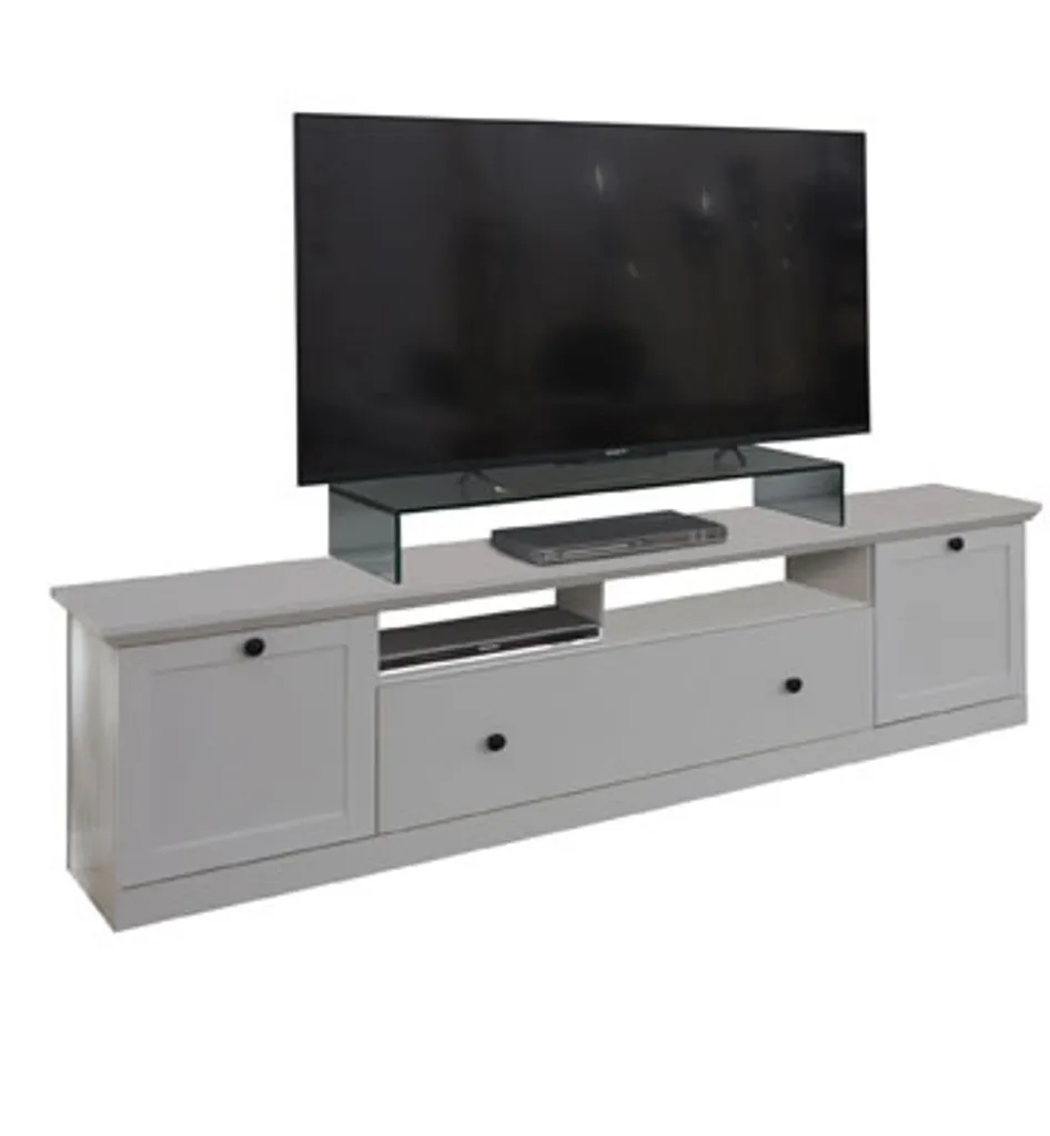 Banc TV Blanc Moderne Brax : Meuble de Salon avec Rangement Intégré