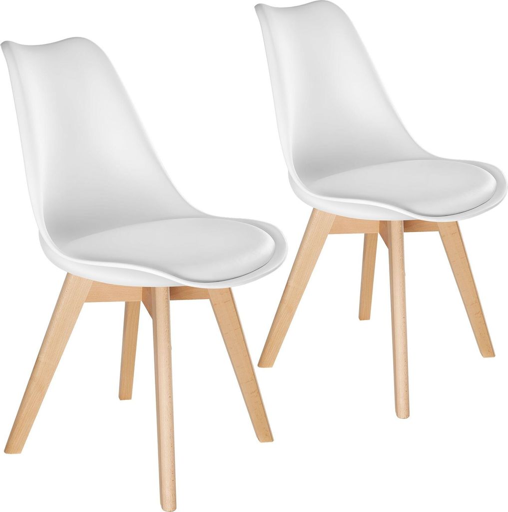 Two white dining chairs with light wood legs are shown against a white background.