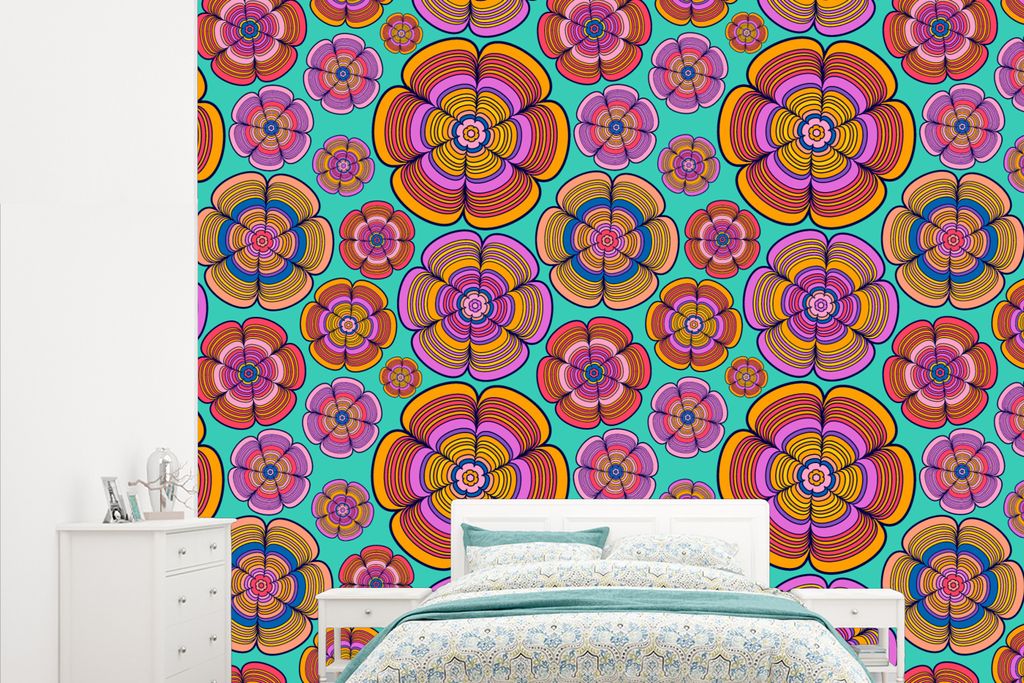 MuchoWow Fototapete für Wohnzimmer oder Schlafzimmer Wandtapete Vinyl Motivtapete Design - Flower Power - Farben - 315x260 cm - Gemustert