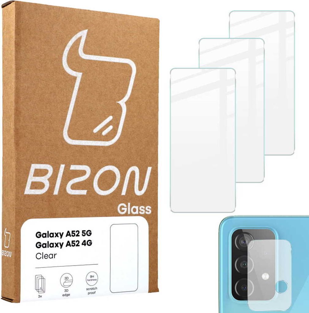 Bizon Glass Klares gehärtetes Glas - 3 Stück + Linse, Galaxy A52s 5G, A52 4G/5G