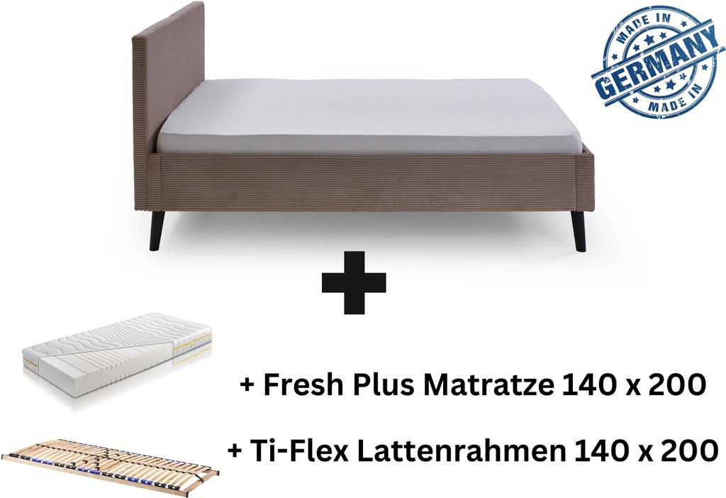 Polsterbett 140 x 200 Bettgestell Bett Doppelbett mit Kopfteil Taupe Germany, Ausführung:inkl. Matratze / inkl. Lattenrahmen