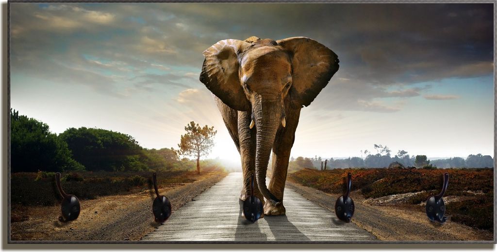 Wallario Flurgarderobe Wandgarderobe aus Holz, mit 5 Haken, Größe 80 x 40 cm, Motiv Elefant bei Sonnenaufgang in Afrika
