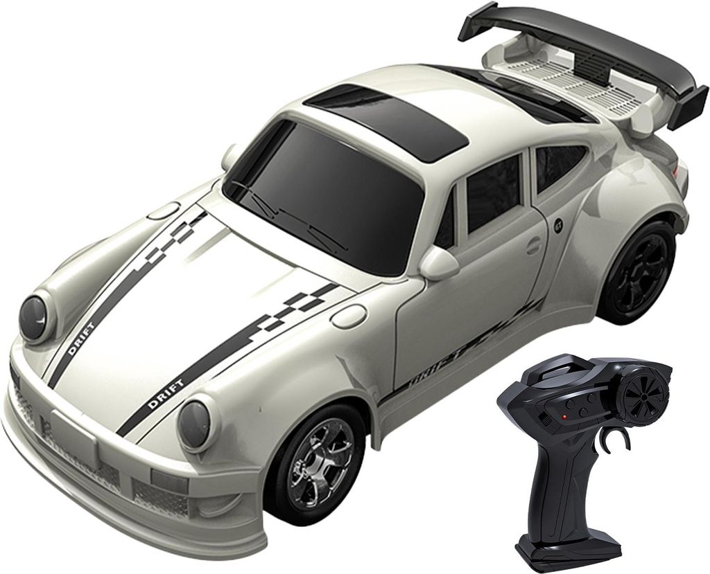A white remote control drift car with black racing stripes and a black remote control.