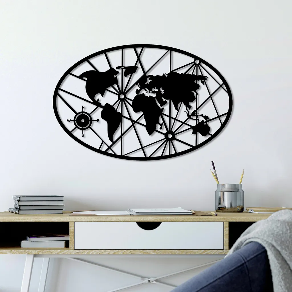 Carte du Monde Murale en Métal Noir 50x77 cm Décoration Design Wallity