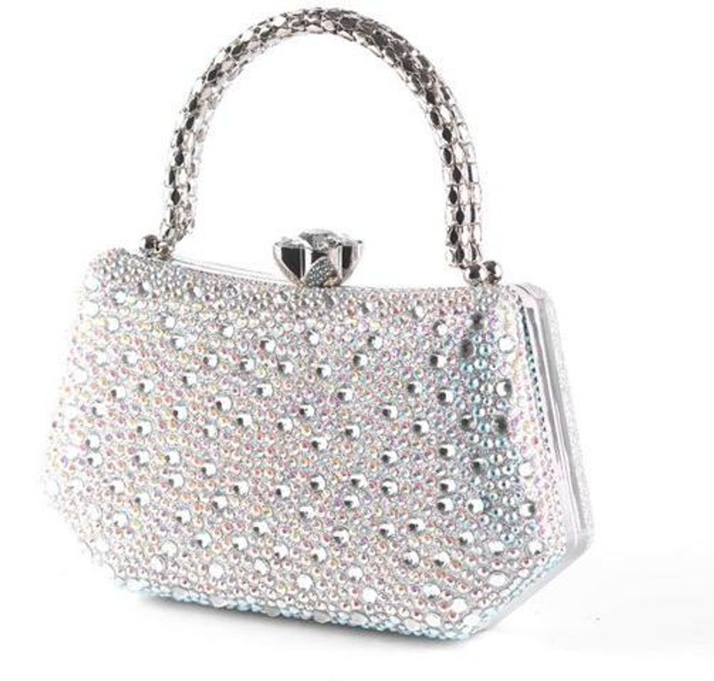 Kristallzilverne Avondtas mit Glitzersteinen und Silbergriff - 20 cm Glitzer-Clutch für besondere Anlässe (Weiß)