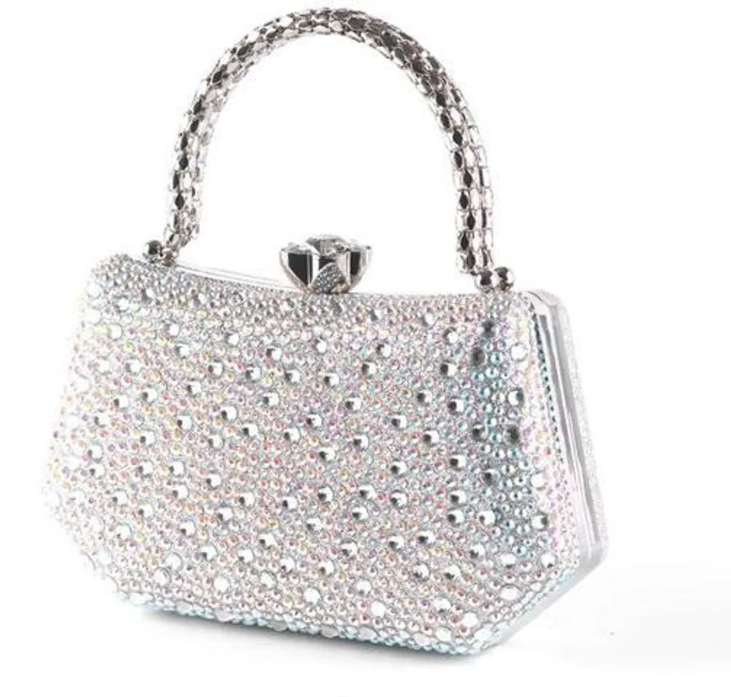Pochette pailletée 20 cm blanche avec poignée argentée et strass luxe