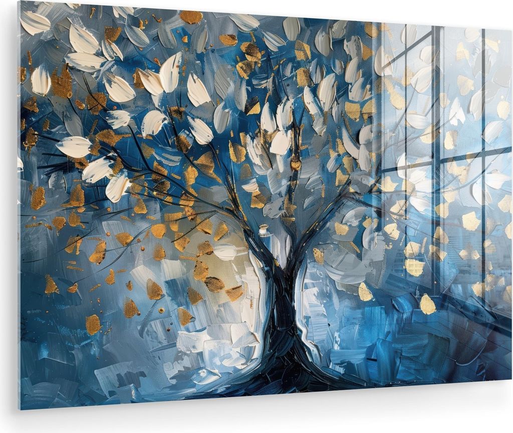 MuchoWow Glasbilder - Bilder auf Wandbild - Foto auf Glas Baum - Blau - Gold - Abstrakt 90x60 cm Wanddekoration aus Glas - Acrylglasbild - Acrylbil...