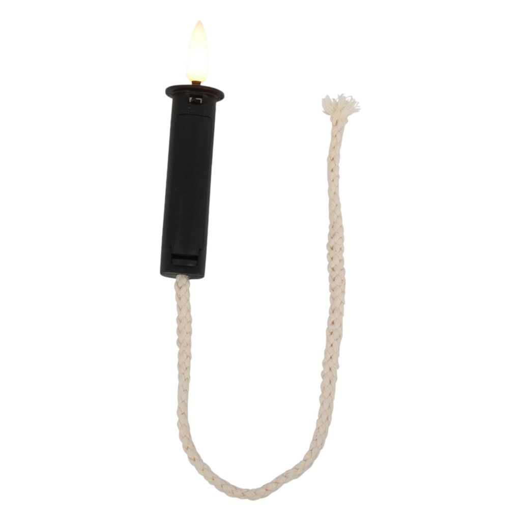 A black LED candle with a white wick on a white background.