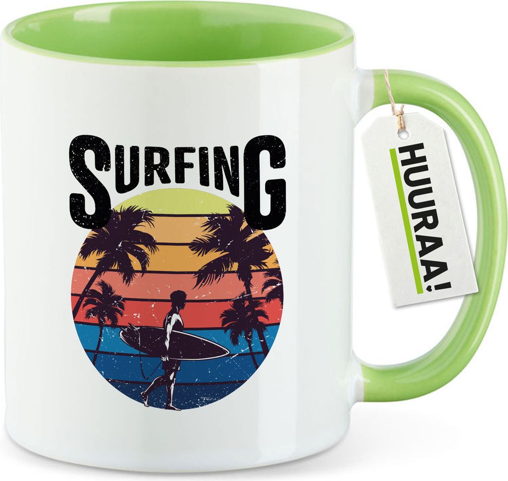 Huuraa Kaffeetasse Surfing Beach Sunset 330ml Grün Keramik Kaffeebecher Geschenkidee