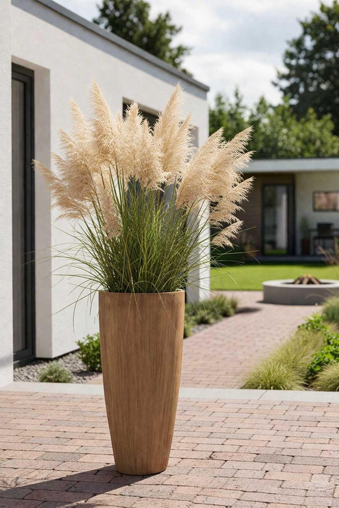 VIVANNO Pflanzkbel Fiberglas CITY Rund, Streifenbeige