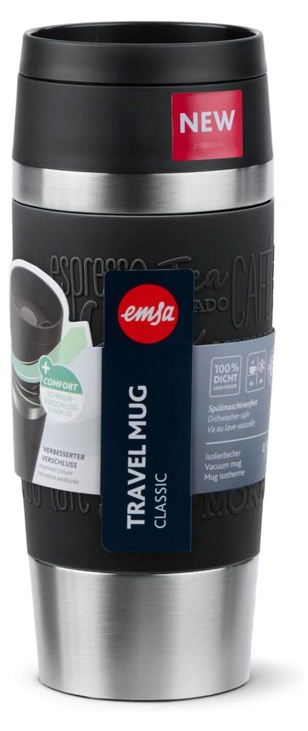 A black and silver travel mug with product information and branding.