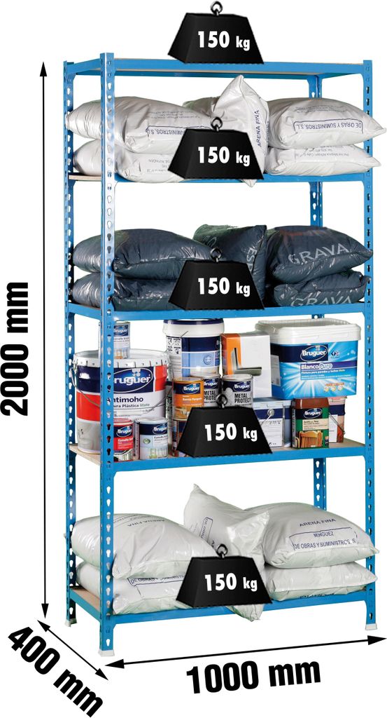 PROREGAL Schwerlastregal BIG MULI | HxBxT 200x100x40cm | 5 Fachböden | Fachlast 150kg | Blau | Lagerregal Kellerregal Werkstattregal Metallregal F...