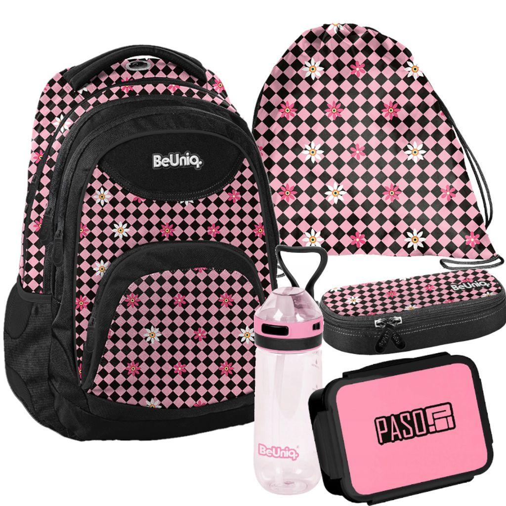 Schulrucksack BeUniq GITTER rosa - 5-Teiliges Set Produktbild 