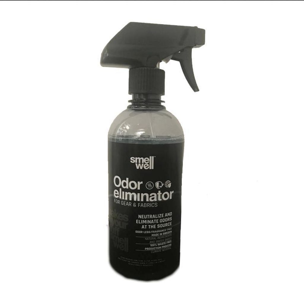 A bottle of SmellWell Odor Eliminator for gear and fabrics.