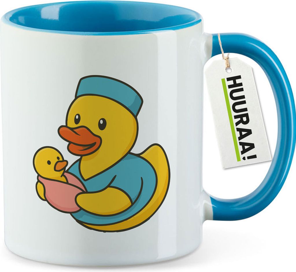 Huuraa Kaffeetasse Quietscheente Hebamme Comic Gummiente 330ml Blau Keramik Kaffeebecher Geschenkidee