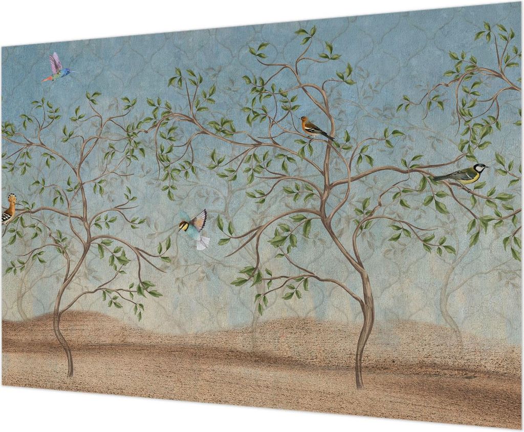 Wandtapete - Dekorative Tapete für Wohnzimmer - Tapetenfolie für Wanddekoration - 208x146 cm - Vögel in den Bäumen