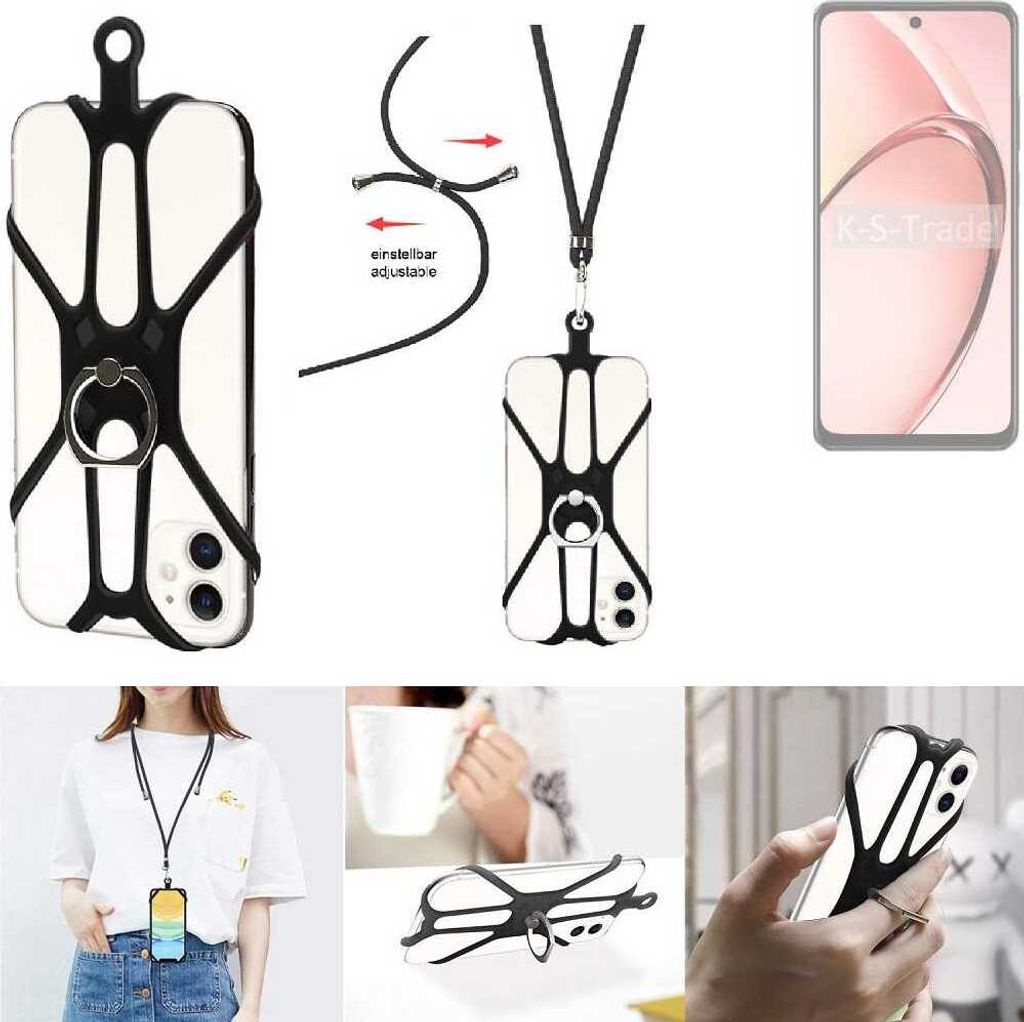 K-S-Trade 3in1 Handykette Handyband Handykordel Halsband Smartphone-Ring Handy-Ring kompatibel mit Oppo A3 5G CPH2683 Fingerhalterung Handyring