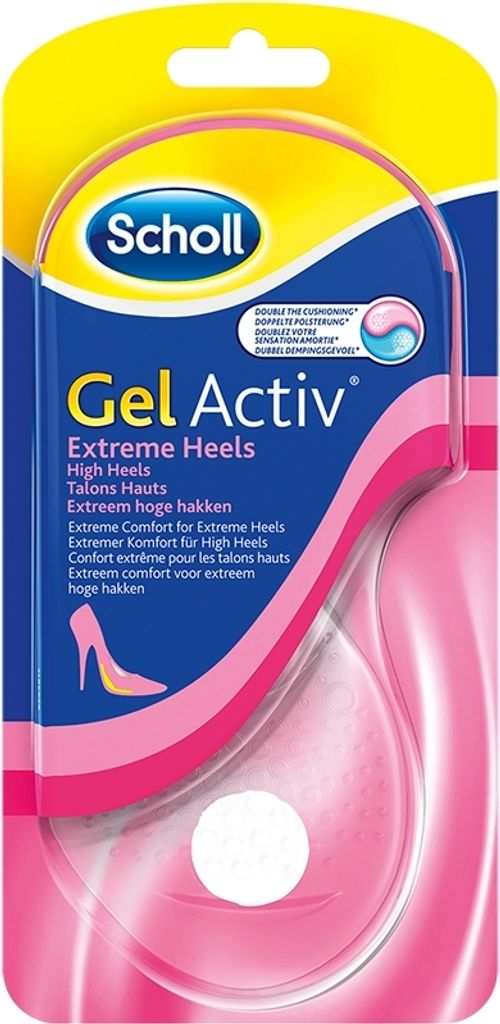 The image shows the packaging of Scholl Gel Activ insoles for high heels.