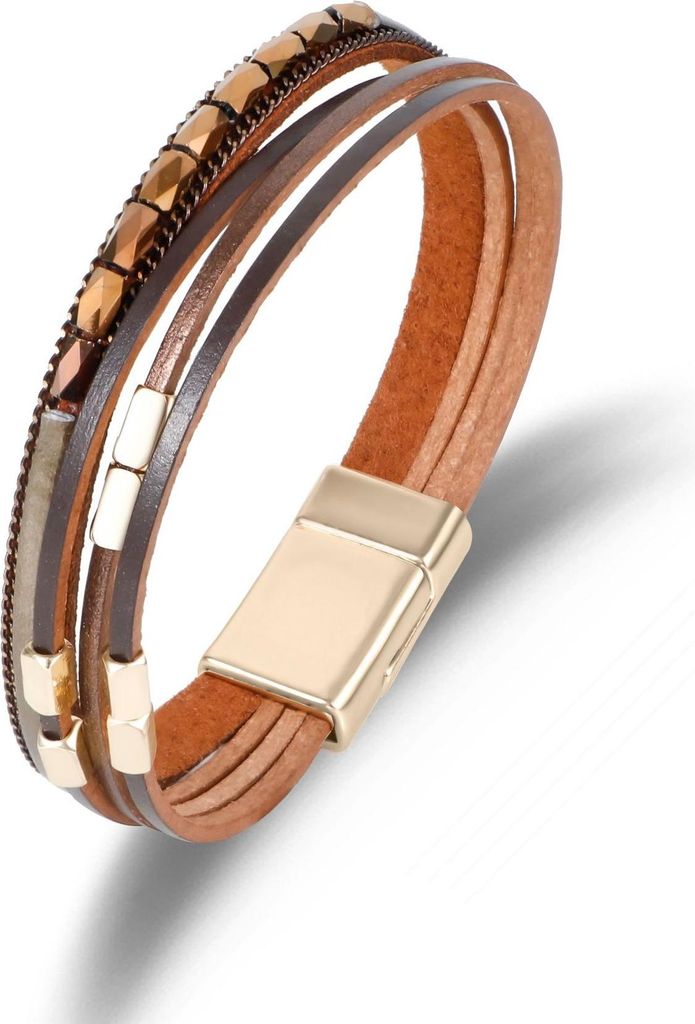 Braunes Boho-Armband für Damen mit glänzenden Verzierungen und goldenen Akzenten