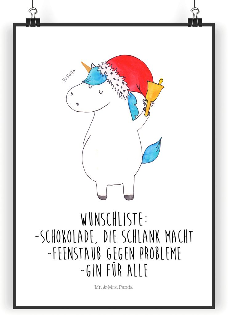 Mr. & Mrs. Panda Poster Einhorn Weihnachtsmann DIN A5 - Weiß - Geschenk, wanddeko, Weihnachten, Nikolaus, kunstdruck, Unicorn, Bild, Wandbild, Sch...