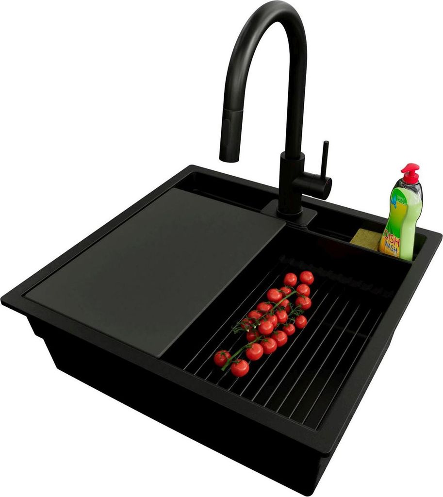 PRIMAGRAN Unterbauspüle Granit Alles Schwarz 56x54cm, Spülbecken 1 Becken + Ablauf-Set + Küchenzubehörset, Granitspüle ab 60er Unterschrank - ...