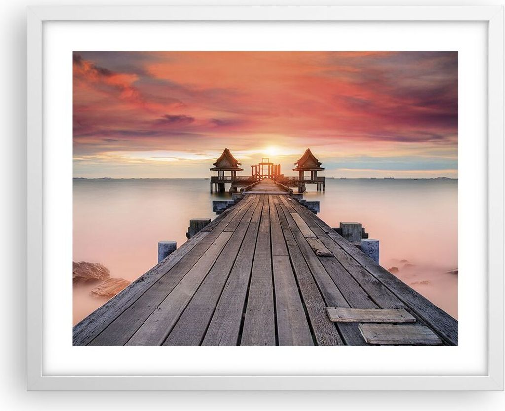 Gerahmtes Poster - Weißer Rahmen - Brücke Holz Spaziergang - 50x40 cm - Wand Bild - Wanddeko - Wandbilder - Kunstposter - Wandposter - Bilderrahm...