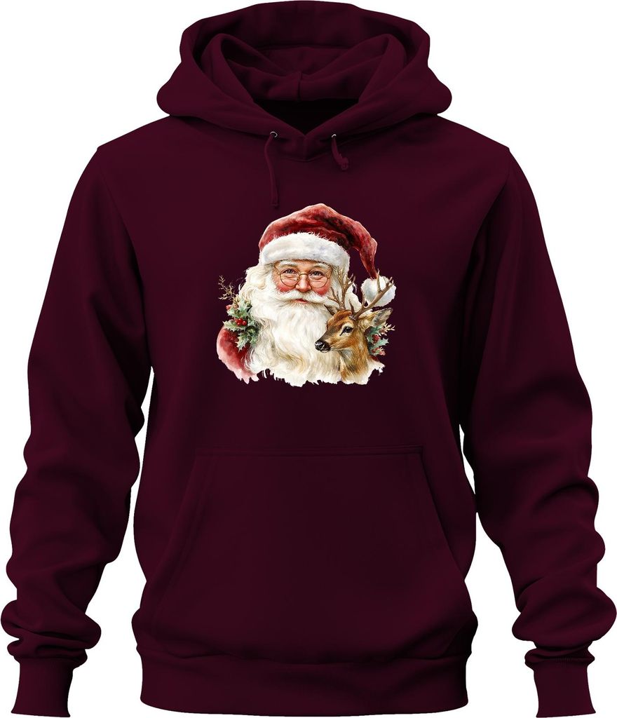 Weihnachtsmann Rentier Aquarell Vintage Geschenk Weihnachten Uni Hoodie Kapuzenpullover, Burgundy, XL