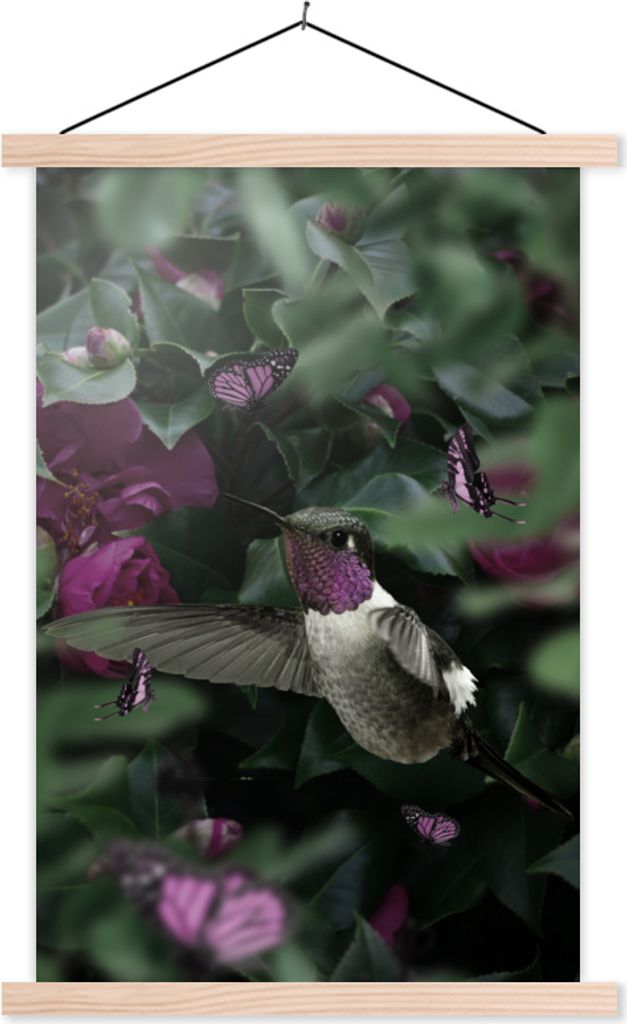 MuchoWow Textilposter Kolibri - Lila - Rosen 60x90 cm mit holzfarbenen Rahmen - Textil