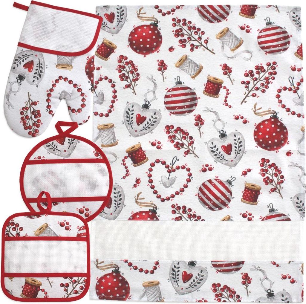 Cuori di Natale - Weihnachtsküchenset (D) mit Aida 55 Stoff zum Kreuzstichstickerei: Baumwolltuch, Ofenhandschuh und passendes Topflappenpaar