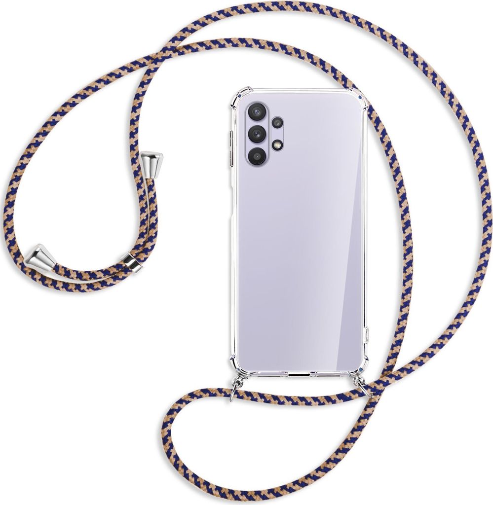 Handykette Backcover-Schutzhülle mit Band (Metall silberfarben) für Samsung Galaxy A32 5G - blau+beige