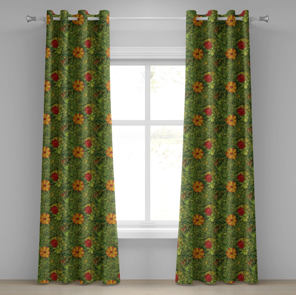 ABAKUHAUS Blumen Ösenvorhang, Flippiger Blumen-Laub-Busch mit Fractal-Retro Dschungel-Kunst-Entwurf, Dekorative 2-Panel-Fenstervorhänge, 280 cm x...