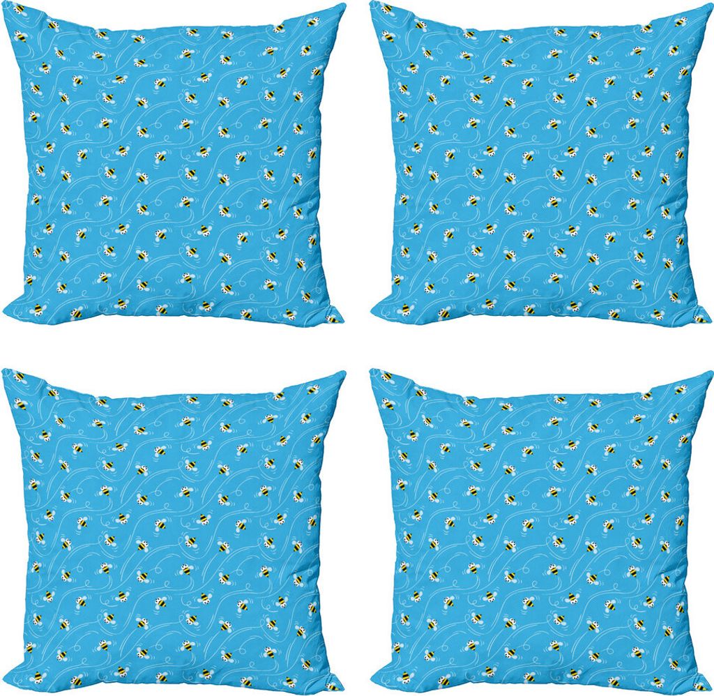 ABAKUHAUS Biene Kissenbezug Set (4 Stück), Lustige Fliegen-Insekt auf Sky, Moderner Doppelseitiger Digitaldruck, 45 cm x 45 cm, Blau, Gelb, Weiß
