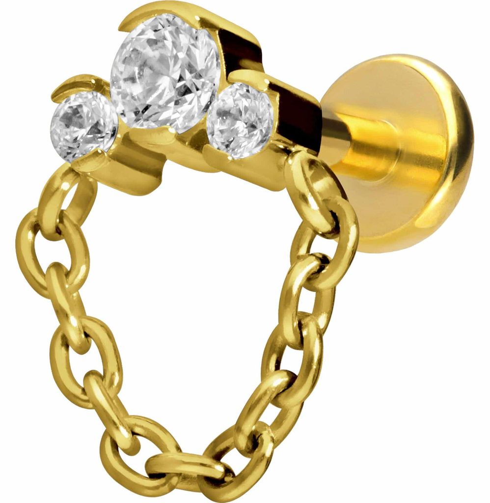 Ohrpiercing, Nasenpiercing Titan Labret mit Push Fit 3 EINGEFASSTE KRISTALLE + KETTE Gold Stablänge: 5mm | Stabstärke: 1,2mm
