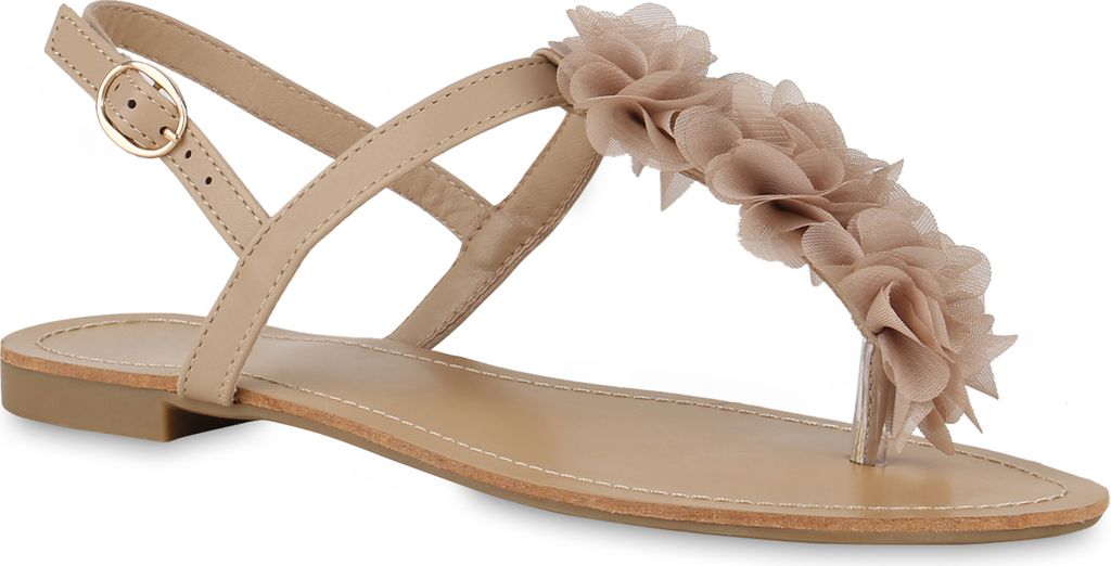 VAN HILL Damen Zehentrenner Sandalen Volants Zehenstegsandale Sommer Schuhe 841288, Farbe: Khaki, Größe: 36