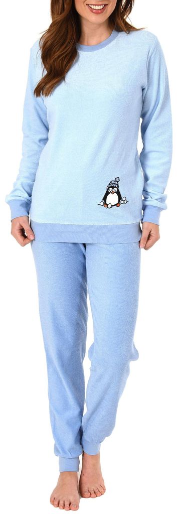 Damen Frottee Pyjama langarm Schlafanzug mit Bündchen und süßem Pinguin Motiv - 201 13 564 ; hellblau , 48/50